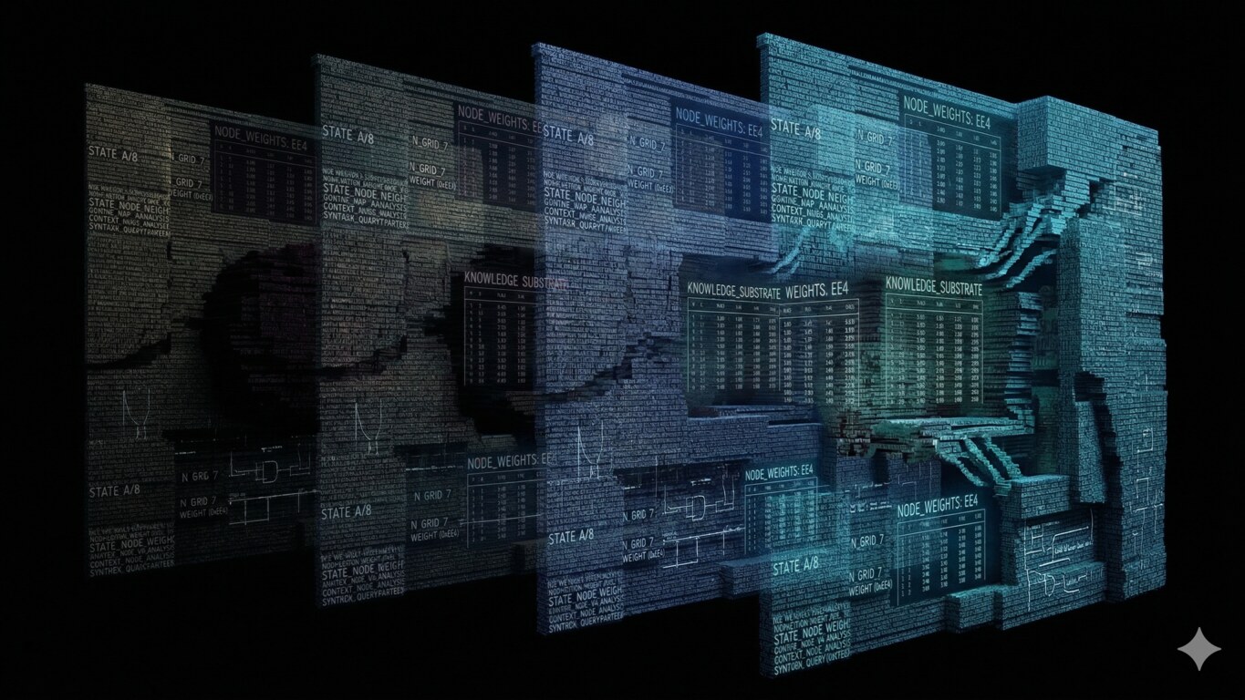 Layered data walls with node weights and semantic telemetry panels